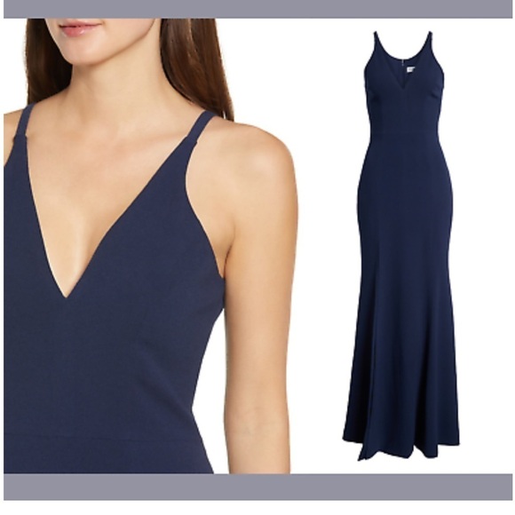 New Dress the Population Iris long midnight blue V-neck Dress with leg slit navy - Picture 2 of 13